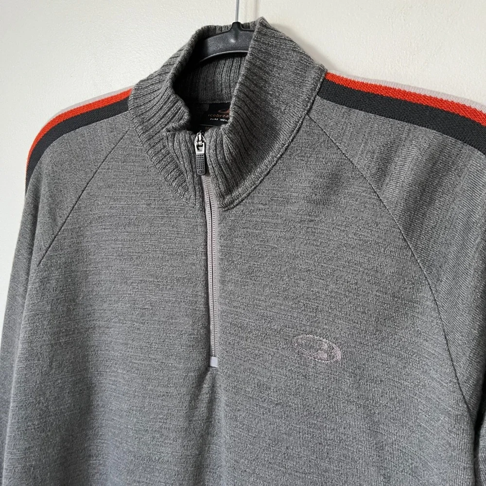 Icebreaker Sport 320 Merino Wool 1/4 Zip Sweater Mens Large Gray Orange Stripe